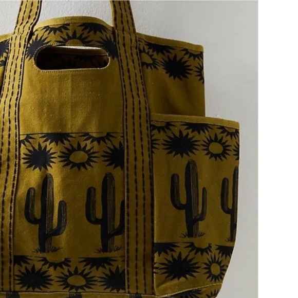 Free People Cactus Caravan Green Black Tote Canvas Bag Bohemian Festival Western - Picture 5 of 14